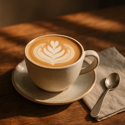A close-up of a ceramic cup with a latte and delicate leaf-shaped foam art, placed on a rustic wooden table.