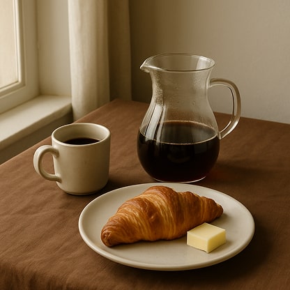 A breakfast scene with a filter coffee in a glass server, a small ceramic mug, and a plate with a croissant and butter.