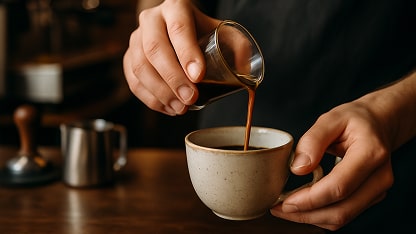 Hands of a barista gently pouring a rich espresso shot into a ceramic cup.