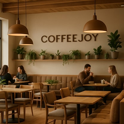 A wide view of the CoffeeJoy interior — wooden furniture, soft cushions, warm pendant lights, and green plants on shelves.