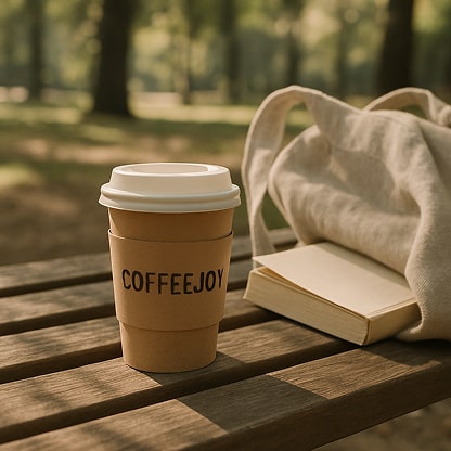 A takeaway coffee cup with a kraft sleeve and CoffeeJoy branding placed on a wooden bench in a park. Nearby — a linen tote bag and a book partially sticking out.