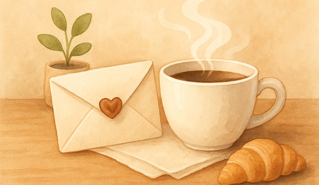 Cup of coffee, croissant, heart-sealed envelope, and small plant on wooden table
